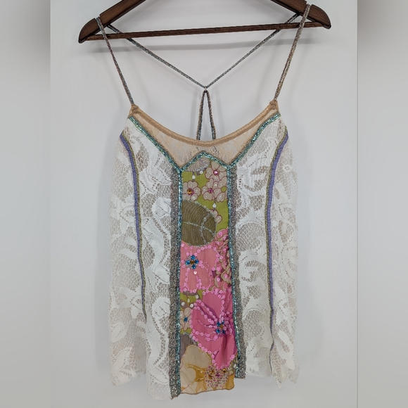 Free People Tops - Free People White Lace Patchwork Tank with Pink & Green Floral Panel